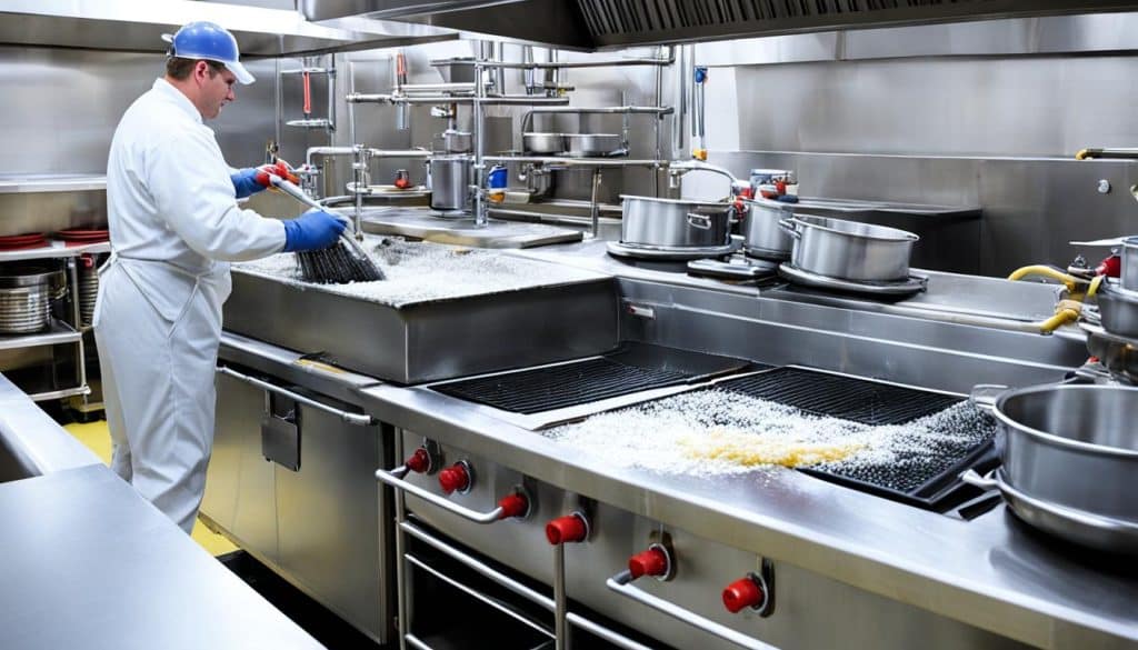 A detailed illustration of common grease trap problems in a realistic setting. In the foreground, depict a partially opened grease trap with dark sludge and clogs visible, surrounded by spilled grease and fragments of food debris. In the middle ground, portray a professional in clean, modest work attire, using tools like a vacuum hose and a wrench to address the issue. In the background, illustrate a commercial kitchen with stainless steel appliances, indicating a busy environment, but focusing on cleanliness and maintenance. Soft, natural lighting casts gentle shadows to convey a sense of urgency and professionalism. The overall mood should reflect concern and efficiency in resolving grease trap problems before they lead to blockages or odors. Grease Trap Cleaning Rosemont IL - How does grease trap cleaning prevent blockages and bad odors?