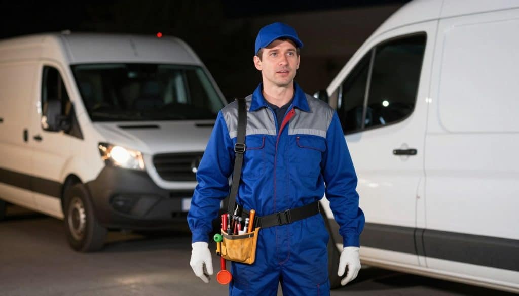 A lively scene depicting a busy emergency plumbing service in action, showcasing a freshly branded service van from "J Sewer & Drain Plumbing" parked in front of a suburban home. In the foreground, a professionally dressed plumber, wearing a uniform and safety gear, is engaging with a friendly homeowner, both displaying expressions of relief and satisfaction. In the middle ground, the plumber is preparing tools and equipment, with a toolbox and plumbing supplies nearby. The background reveals the home with a well-maintained garden, and the sun is setting, casting a warm golden light which creates an inviting atmosphere. The mood is proactive and trustworthy, highlighting the efficiency and professionalism of emergency plumbing services. The angle is slightly low, emphasizing the engaged interaction between the plumber and homeowner. Emergency plumber responding to a call in Wilmette, IL - How quickly can an emergency plumber arrive at my home?