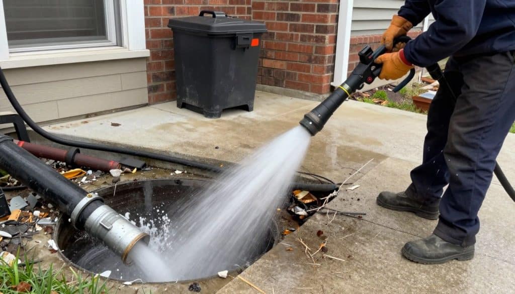 J Sewer & Drain technician performing hydro jetting service on a clogged sewer line in Chicago