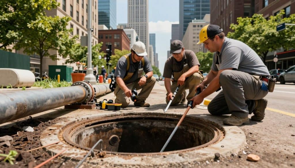 A busy Chicago drain maintenance scene, showcasing a team of professionals in modest, professional attire inspecting a large, open storm drain in the foreground. The workers, equipped with tools including a sewer camera and cleaning equipment, demonstrate an attentive, collaborative atmosphere as they discuss the condition of the pipes. In the middle ground, a cityscape of Chicago is visible, featuring iconic architecture with a bright blue sky overhead, hinting at a sunny day. The background displays vibrant greenery along the sides of the street and industrial elements, adding to the urban setting. The lighting is natural and warm, enhancing the mood of diligence and community responsibility. Shot from a low angle, bringing attention to both the workers and the infrastructure they maintain.