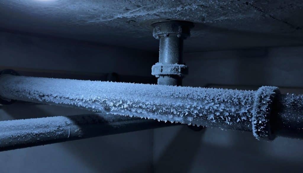 A close-up view of frozen pipes in a dimly lit basement, showcasing frost clinging to the metallic surface. The foreground features ice crystals with intricate designs, glistening under soft ambient light. In the middle, thick, dark pipes are encased in a layer of ice, clearly depicting the problem of freezing in cold weather. The background shows shadows of pipes running along the ceiling, implying a larger plumbing system. Use an atmospheric perspective to accentuate the chill, with a bluish tint to create a cold mood. The image should evoke a sense of urgency and concern regarding plumbing issues in winter.