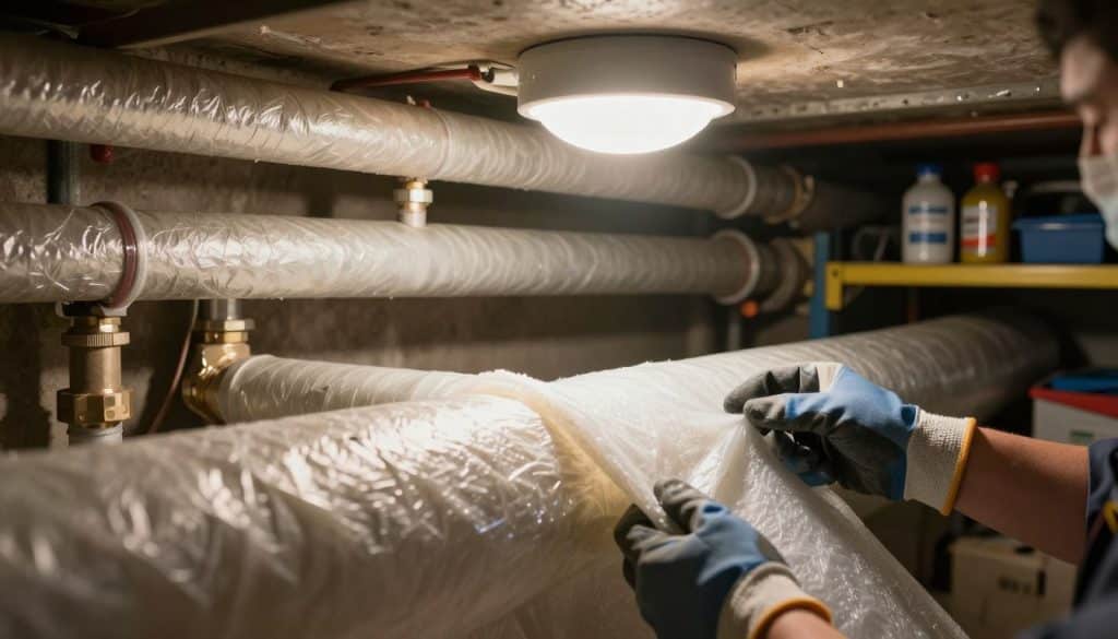 A close-up view of insulated pipes in a basement, showcasing protective foam wrappings and heating tape, emphasizing their importance in preventing freezing. In the foreground, a pair of hands, wearing gloves, is carefully securing a pipe with insulation material. The middle ground features well-organized plumbing fixtures and a bright utility light casting a warm glow, highlighting the textures of the insulation. In the background, a clutter-free, tidy basement space with utility shelves and proper storage of plumbing supplies enhances the professional atmosphere. The image is illuminated by soft, warm lighting to create a cozy yet functional ambiance, reflecting the careful precautions necessary to protect against pipe freezing.