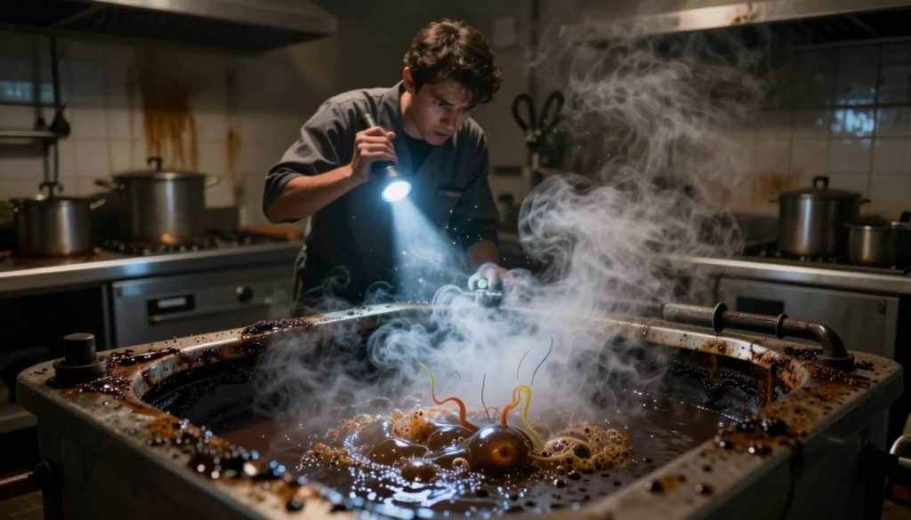 A darkened kitchen setting, filled with an array of cluttered grease traps emitting visible noxious fumes. In the foreground, a close-up of a grease trap overflowing with thick, dark sludge, bubbles rising and a putrid odor visually represented by wavy, colored lines illustrating the foul smell. The middle ground features a professional in modest casual clothing, looking concerned while inspecting the trap with a flashlight, casting a cool blue light that contrasts against the warm, greasy colors. The background is dimly lit, showcasing shadows of old kitchen equipment and stains, enhancing the atmosphere of neglect and unpleasantness. The overall mood is one of urgency and discomfort, emphasizing the need for maintenance to prevent blockages and foul odors. A darkened kitchen setting, filled with an array of cluttered grease traps emitting visible noxious fumes. In the foreground, a close-up of a grease trap overflowing with thick, dark sludge, bubbles rising and a putrid odor visually represented by wavy, colored lines illustrating the foul smell. The middle ground features a professional in modest casual clothing, looking concerned while inspecting the trap with a flashlight, casting a cool blue light that contrasts against the warm, greasy colors. The background is dimly lit, showcasing shadows of old kitchen equipment and stains, enhancing the atmosphere of neglect and unpleasantness. The overall mood is one of urgency and discomfort, emphasizing the need for maintenance to prevent blockages and foul odors.