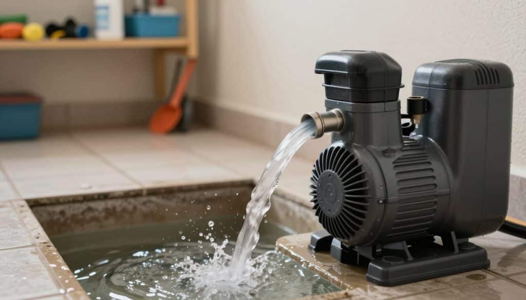 A detailed close-up scene of a sump pump in operation, set in the basement of a home. In the foreground, the sump pump is actively engaged, water being drawn in through an intake hose, with visible splashes and droplets glistening under overhead lighting. The middle ground features a clean, tiled basement floor with a drainage pit, showing water levels rising and falling. In the background, the walls are painted in neutral tones, with exposure to utility shelves lined with tools and cleaning supplies, adding to the domestic setting. The lighting is bright yet soft, creating a clean and professional atmosphere. The angle should be slightly tilted downward to emphasize the action of the pump and how it cycles on and off during normal operation, illustrating its importance in maintaining a dry environment.