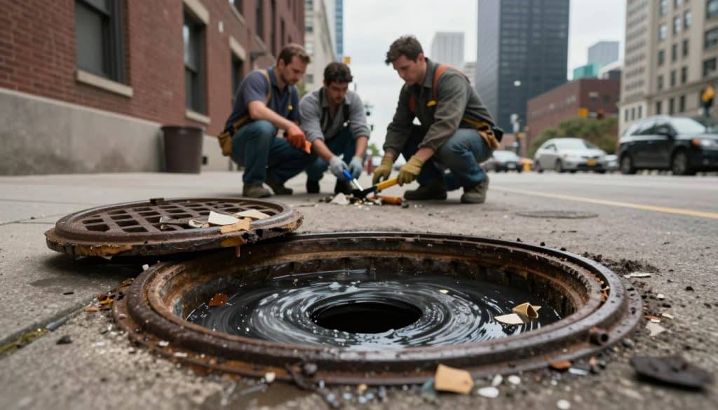 A detailed urban scene depicting a typical Chicago sewer in a state of disrepair. In the foreground, showcase a partially opened manhole cover with swirling water and debris pooling around it, hinting at a sewer backup. In the middle ground, include a couple of professional plumbers in modest work attire, examining the manhole with tools in hand, showcasing their concern and determination. The background features iconic Chicago architecture, such as brick buildings and the skyline, under a moody, overcast sky to convey a serious atmosphere. Utilize soft, diffused lighting to emphasize the urban setting and create a somber, yet resolute mood. The perspective should be slightly elevated, capturing the dynamic of the plumbing work amid the city's backdrop.