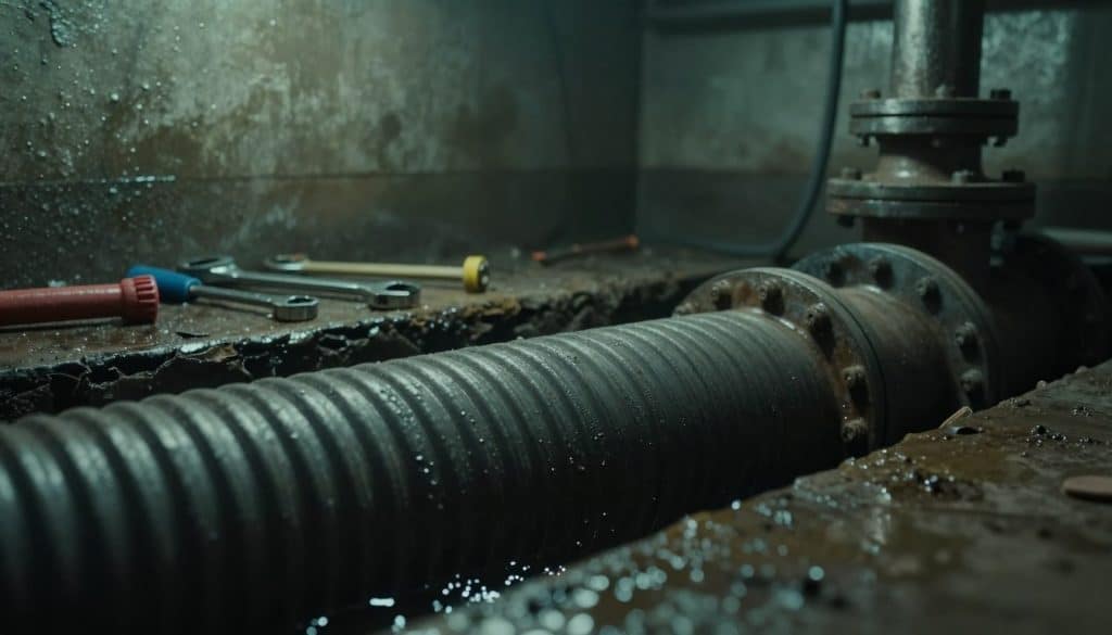 A detailed view of a sewer line in an industrial setting, showcasing elements of plumbing infrastructure. In the foreground, a section of a large, corrugated sewage pipe is partially exposed, with water pooling around it, indicating a potential backup. In the middle ground, scattered tools such as wrenches and pipe cleaners suggest recent plumbing work. The background features dimly lit, damp walls of the sewer system with faint shadows, creating a sense of unease. The lighting is moody and atmospheric, with a slight greenish hue casting a sickly low light. The image is captured from a low angle, emphasizing the size of the pipe and the severity of the situation, evoking a professional yet urgent ambiance. The overall mood conveys the seriousness of sewer line issues while maintaining a technical precision.