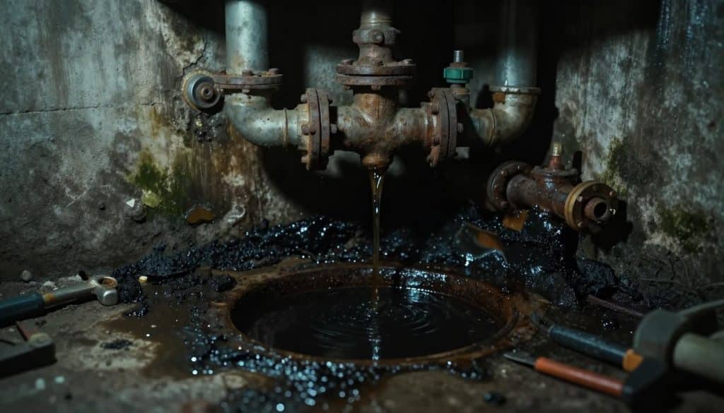 A dimly lit, slightly cluttered basement showing visible signs of sewage backup. In the foreground, a dark patch of sewage water gathers at the base of an old, rusted drain, reflecting subtle glimmers of light. The middle ground features pipes and plumbing fixtures, some corroded and others leaking, while scattered tools hint at an ongoing plumbing repair attempt. The background reveals concrete walls with signs of water damage and mildew, creating a moody, urgent atmosphere. Soft, cool lighting casts eerie shadows, enhancing the seriousness of the situation. The image conveys a sense of immediate concern and the need for professional help, emphasizing the importance of addressing sewage issues promptly.