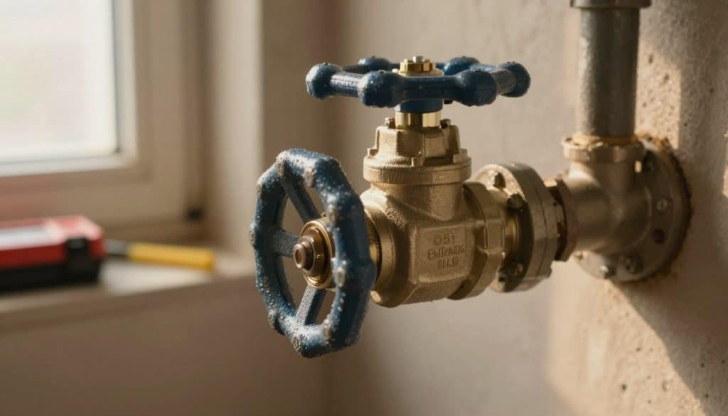 A main water valve prominently displayed in a residential basement setting, with a close-up view showcasing its metallic texture and intricate details. The valve is partially turned, emphasizing its role in controlling water flow, surrounded by visible, durable piping. Soft, warm light illuminates the scene from a nearby window, casting gentle shadows that enhance the depth of the image. In the background, faint outlines of plumbing tools and a small toolbox are visible, suggesting an atmosphere of immediate action. The overall mood is one of urgency and preparedness, ideal for illustrating critical safety steps in plumbing repairs. Ensure the composition is clear and focused, with a depth-of-field effect emphasizing the valve as the central subject.