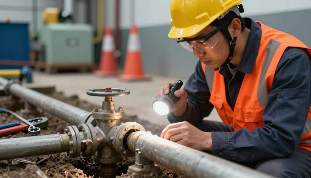 A professional gas technician in a hard hat and safety goggles, wearing a bright orange safety vest, is inspecting and replacing a section of a gas pipe in an underground operation. In the foreground, a partially removed gas pipe is visible, with tools like a wrench and pipe cutter laid out neatly beside it. The middle ground features the technician working carefully with a bright flashlight, casting a warm glow on the pipe, emphasizing the detailed textures of metal and soil. In the background, an industrial setting with machinery and safety cones is subtly blurred to focus on the task. The lighting is bright yet soft, creating an atmosphere of diligence and safety, conveying the importance of proper gas pipe replacement and leak testing.