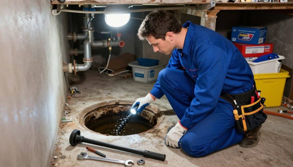 A professional plumber in modest blue coveralls, equipped with gloves and a tool belt, kneeling next to a service opening in a residential basement, examining a backed-up sewage system with a flashlight. In the foreground, showcase various plumbing tools like a auger and wrenches, positioned neatly beside the plumber. The middle ground includes the service opening, revealing dark dewatering areas with water reflecting faint light. The background depicts cluttered plumbing supplies and a bright overhead light illuminating the scene, creating a clear focus on the plumber's diligent work. The atmosphere conveys professionalism and urgency, emphasizing the serious nature of sewage backup diagnosis. The scene captures a moment of focused expertise amidst a challenging plumbing situation.