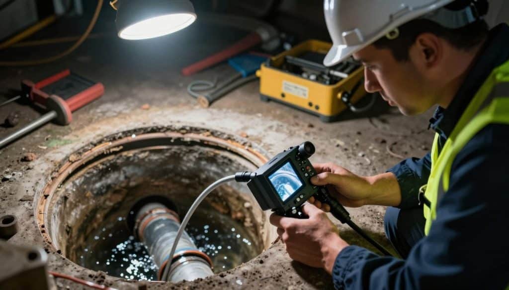 A professional sewer line inspection scene featuring a technician in a safety vest and hard hat, examining a sewer line with a camera. The foreground shows a high-tech camera attached to a flexible cable, capturing detailed images of the interior of the pipe. In the middle ground, a sewer access point reveals an underground view of the pipeline, showcasing water flow and potential clogs. The background includes construction tools and equipment, with dim overhead lighting casting a focused beam on the inspection area. The atmosphere is serious and industrious, emphasizing the importance of careful diagnostics in plumbing work. The composition should be a close-up viewpoint, highlighting the technician’s concentration and the intricate details of the sewer system.