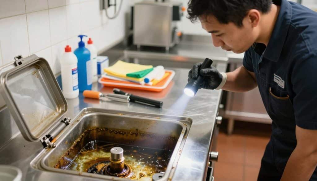 A well-lit commercial kitchen setting, focusing on a technician in professional attire conducting grease trap maintenance. In the foreground, a grease trap is open, showing layers of grease and debris, while the technician, wearing gloves, is carefully inspecting it with a flashlight. In the middle ground, organized tools and cleaning supplies are neatly arranged on a stainless steel countertop, hinting at a systematic cleaning process. The background features kitchen appliances and a tiled wall, conveying a professional culinary environment. Soft, warm lighting creates a clean and functional atmosphere, emphasizing the importance of regular maintenance. The angle is slightly tilted upwards to capture the technician’s focused expression and the intricate details of the grease trap, fostering a sense of diligence and professionalism in maintaining kitchen hygiene. A well-lit commercial kitchen setting, focusing on a technician in professional attire conducting grease trap maintenance. In the foreground, a grease trap is open, showing layers of grease and debris, while the technician, wearing gloves, is carefully inspecting it with a flashlight. In the middle ground, organized tools and cleaning supplies are neatly arranged on a stainless steel countertop, hinting at a systematic cleaning process. The background features kitchen appliances and a tiled wall, conveying a professional culinary environment. Soft, warm lighting creates a clean and functional atmosphere, emphasizing the importance of regular maintenance. The angle is slightly tilted upwards to capture the technician’s focused expression and the intricate details of the grease trap, fostering a sense of diligence and professionalism in maintaining kitchen hygiene.