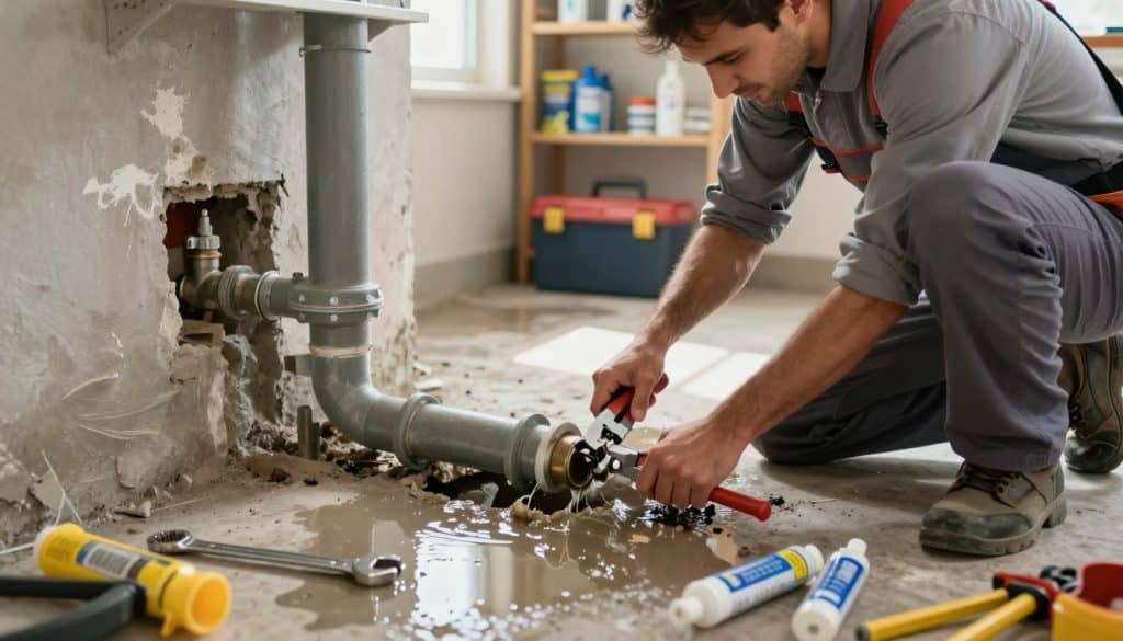 A well-lit scene showcasing a plumber urgently repairing a burst pipe in a residential setting. In the foreground, a male plumber in modest, professional attire kneels beside a visibly damaged pipe, using a pipe repair clamp to temporarily seal the leak. Tools such as wrenches and sealant tubes are scattered around him. In the middle ground, a flooded area of the basement highlights the urgency of the situation, with water pooling on the concrete floor. The background features shelves with plumbing supplies and a toolbox, emphasizing a hands-on, emergency repair environment. Natural lighting streams through a small window, casting soft reflections on the water, creating a tense yet hopeful atmosphere that captures the essence of a practical, temporary fix in a crisis.