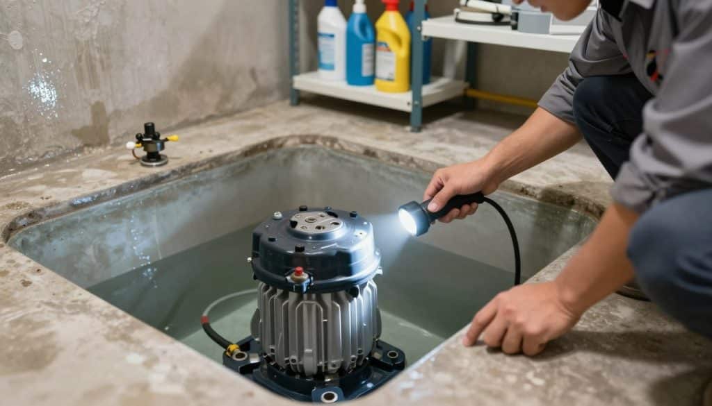 A well-lit sump pit in a basement, showcasing a technician in modest casual clothing performing maintenance on a sump pump. In the foreground, the technician is examining the pump, holding a flashlight to inspect the inner mechanics. The middle layer features a clean and organized sump pit, with clear water and visible components such as pipes and a float switch. In the background, the walls of the basement are slightly damp, emphasizing the environment, and there is a shelving unit with cleaning supplies. The lighting is bright and focused, highlighting the intricacies of the sump pump. The overall atmosphere is professional and clean, conveying the importance of sump pump maintenance for longevity and efficiency.