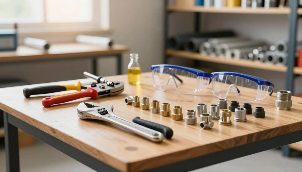 A well-organized display of essential tools for gas pipe replacement, set in a bright, well-lit workshop environment. In the foreground, feature a sturdy workbench with a pipe wrench, adjustable pliers, and a set of gas pipe fittings laid out neatly. In the middle ground, showcase a variety of tools including a torch, pipe cutter, and a set of safety goggles, all arranged to highlight their importance in the process. The background should include shelves stocked with materials like pipes and connectors, all under warm overhead lighting that enhances the professional atmosphere. Capture the scene from a slight angle, emphasizing depth and making the tools the central focus, conveying a mood of preparedness and expertise in gas handling.