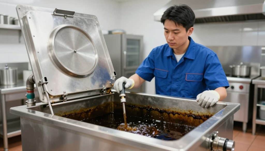 A professional plumber in a clean uniform stands beside a large grease disposal tank in a well-lit kitchen environment, highlighting the difference between home and restaurant grease disposal methods. In the foreground, the plumber holds a grease trap cleaning tool, demonstrating the task with focus and precision. The middle ground features various grease containers labeled for residential and commercial use, arranged neatly on a counter, with a few spilled remnants on the surface for realism. The background showcases a modern Chicago restaurant kitchen, equipped with industrial-grade sinks and disposal systems. The scene is bathed in bright, natural lighting, creating a sense of cleanliness and professionalism, conveying the importance of proper grease disposal in both domestic and commercial settings. How does grease trap cleaning prevent blockages and bad odors? - What is the best way to dispose of grease trap waste?