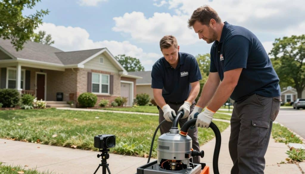 A busy service day scene depicting a professional drain cleaning crew in action in a residential Chicago neighborhood. In the foreground, two uniformed technicians, wearing branded work shirts and safety gloves, are operating a high-tech drain cleaning machine. The middle ground shows a suburban home with a well-maintained yard, while the background features a clear blue sky and a few scattered clouds. Soft, natural light illuminates the scene, highlighting the technicians' focused expressions as they analyze the situation, showcasing tools like a portable camera for pipeline inspection. The atmosphere is industrious and professional, capturing the essence of efficient drain cleaning services.