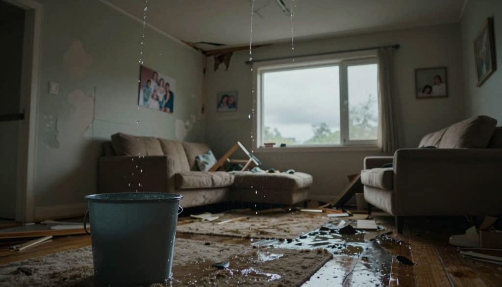 A chaotic scene of water damage in a home, showcasing a living room with soaked carpet and peeling paint on the walls. In the foreground, a bucket is collecting dripping water from a damaged ceiling, droplets highlighted by soft, moody lighting. The middle area features furniture pushed aside, revealing stained floorboards, while a family photo on the wall is slightly askew, hinting at urgency. In the background, a window shows gray, overcast skies, deepening the atmosphere of distress. The camera angle is a low shot, giving a sense of the scene's impact, with a soft focus on the water droplets, conveying a feeling of melancholy and concern for the state of the home.