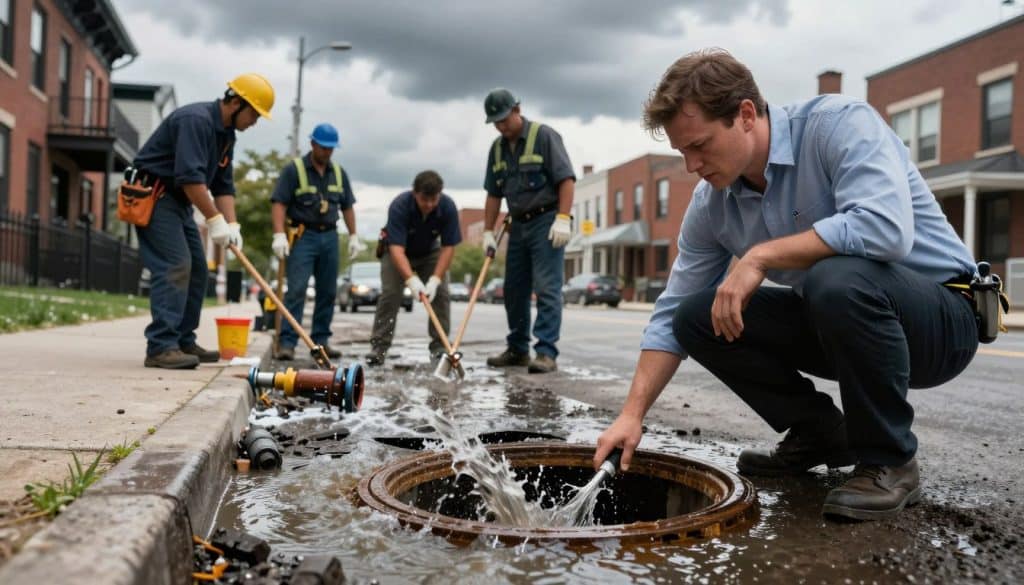 A chaotic urban scene illustrating a water emergency due to a sewer line leak. In the foreground, a concerned homeowner in professional attire crouches beside an open manhole, inspecting a pool of murky water spilling onto the street. The middle ground shows a team of plumbers in uniforms, equipped with tools and safety gear, actively working to address the leak. The background features residential buildings in a typical Chicago neighborhood, with darkened clouds overhead hinting at an impending storm. The atmosphere is urgent, with dramatic lighting highlighting the water splashes and expressions of focus on the workers’ faces. Capture the realism of a bustling city and the seriousness of a plumbing crisis with a slight tilt-down angle to emphasize the action. A chaotic urban scene illustrating a water emergency due to a sewer line leak. In the foreground, a concerned homeowner in professional attire crouches beside an open manhole, inspecting a pool of murky water spilling onto the street. The middle ground shows a team of plumbers in uniforms, equipped with tools and safety gear, actively working to address the leak. The background features residential buildings in a typical Chicago neighborhood, with darkened clouds overhead hinting at an impending storm. The atmosphere is urgent, with dramatic lighting highlighting the water splashes and expressions of focus on the workers’ faces. Capture the realism of a bustling city and the seriousness of a plumbing crisis with a slight tilt-down angle to emphasize the action.