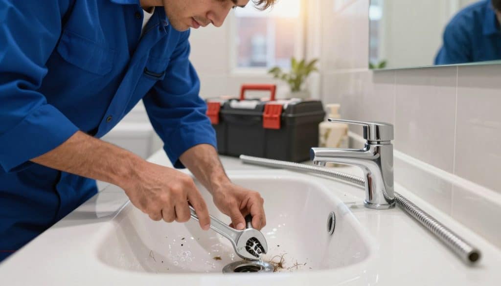 A clean, modern bathroom scene focused on a clogged sink with standing water, showcasing signs of distress like bubbles, debris, and hair. In the foreground, a professional plumber in a blue uniform is leaning over the sink, inspecting it with a wrench in hand. The middle ground features a well-organized toolbox nearby, along with a bright, shiny drain snake ready for use. The background is softly blurred, showing neutral-colored tiles and a mirror reflecting the busy atmosphere of a bustling Chicago neighborhood outside, with a hint of morning sunlight filtering in, creating a sense of urgency and professionalism. The mood is proactive, emphasizing the importance of timely drain cleaning service.