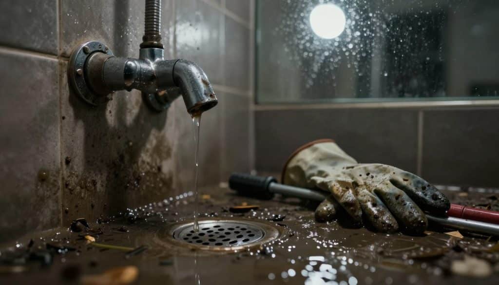 A close-up scene of a dark, gloomy bathroom with a focus on a shower area experiencing a sewage backup. In the foreground, dirty water is pooling around the shower drain, with bits of debris visible in the murky water. The tiles are slightly stained and the chrome fixtures are covered in grime. In the middle ground, a pair of sturdy rubber gloves and a drain snake tool lie next to the drain, emphasizing the urgency of the situation. The background features a foggy mirror with visible water droplets, partially reflecting an overhead light casting a dim glow, creating a tense and urgent atmosphere. Aim for a realistic and slightly dramatic style to evoke the seriousness of sewage backups.