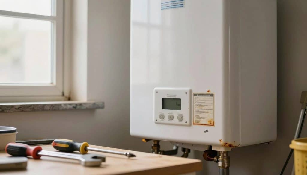 A close-up view of a residential water heater in a well-lit utility room, showcasing its features and condition. The water heater should be depicted as aging, with a few visible signs of wear, such as minor rust and fading labels, illustrating the lifespan idea. In the foreground, tools like a wrench and screwdriver are neatly arranged on a workbench, indicating maintenance efforts. The middle ground features the water heater prominently, emphasizing its size and control panel. In the background, a window allows soft, natural light to filter in, creating a warm atmosphere. The focus is sharp on the water heater, with a shallow depth of field to slightly blur the background, enhancing the subject. The overall mood is informative and professional, providing a clear visual for the concept of water heater lifespan.
