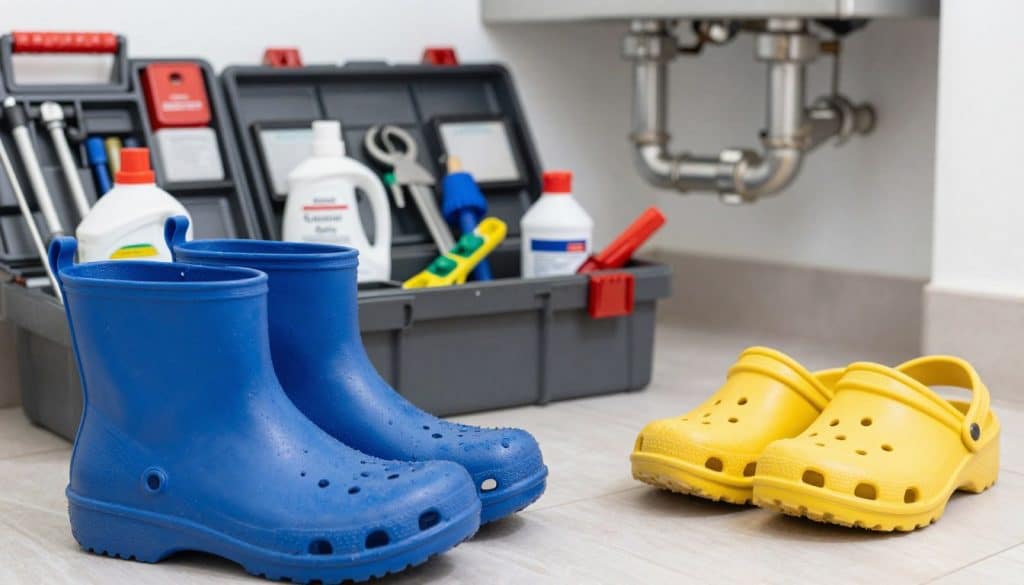 A close-up view of colorful clogs in a plumbing setting, showcasing various types designed for different drain issues. In the foreground, a pair of sturdy, bright blue rubber clogs splattered with harmless plumbing chemicals. The middle ground illustrates an open toolbox filled with drain cleaning tools and bottles labeled for specific clog types, such as grease, hair, and mineral deposits. In the background, a well-organized, clean plumbing workspace with shiny pipes and tools arranged neatly. Soft, diffused lighting illuminates the scene, creating a professional and calm atmosphere. The composition is shot with a slightly elevated angle, emphasizing the tools' significance in unclogging drains while maintaining a tidy, safe environment.