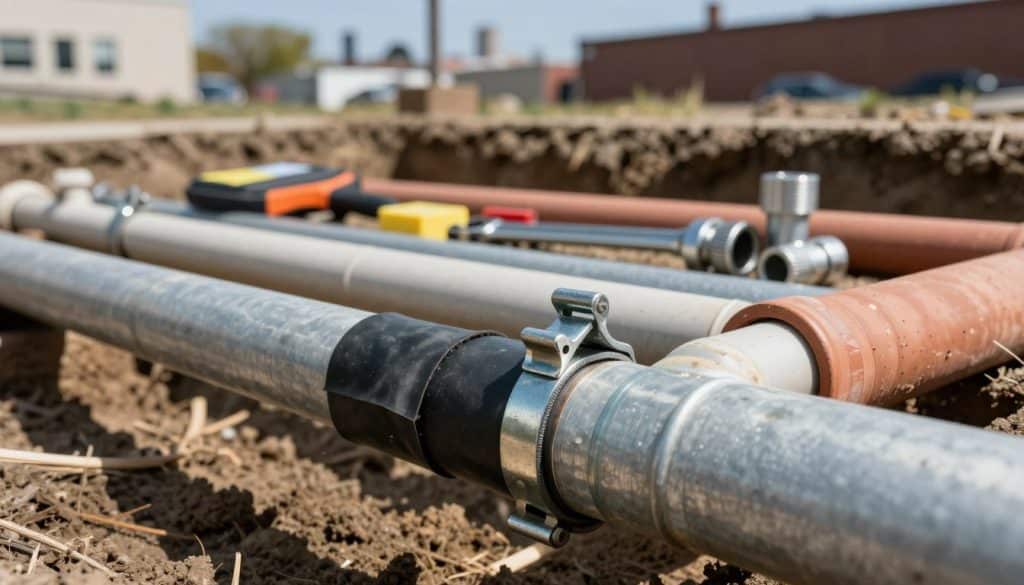 A detailed close-up view of temporary leak control solutions utilized on various types of pipes, including PVC, metal, and clay, showcasing clamps and sealing materials applied to prevent leaks. In the foreground, focus on a well-installed temporary repair, featuring rubber patches and metallic bands secure against a backdrop of a slightly muddy trench. The middle ground should have several tools and supplies organized neatly, indicative of plumbing work, such as wrenches and pipe fittings. The background illustrates an urban environment typical of Chicago, with blurred outlines of buildings and a clear blue sky. The lighting is bright and natural, creating a clear and informative atmosphere, ideal for illustrating the concept of temporary plumbing repairs. A detailed close-up view of temporary leak control solutions utilized on various types of pipes, including PVC, metal, and clay, showcasing clamps and sealing materials applied to prevent leaks. In the foreground, focus on a well-installed temporary repair, featuring rubber patches and metallic bands secure against a backdrop of a slightly muddy trench. The middle ground should have several tools and supplies organized neatly, indicative of plumbing work, such as wrenches and pipe fittings. The background illustrates an urban environment typical of Chicago, with blurred outlines of buildings and a clear blue sky. The lighting is bright and natural, creating a clear and informative atmosphere, ideal for illustrating the concept of temporary plumbing repairs.