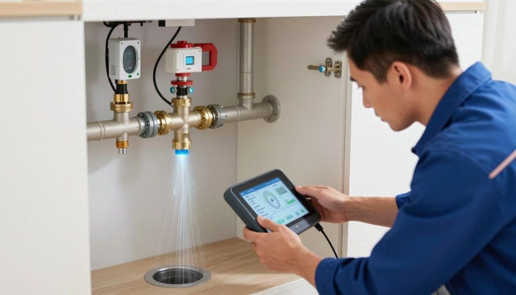 A detailed illustration of a modern water leak detection system in action, featuring a plumbing technician in professional attire using advanced equipment to identify a leak. The foreground shows the technician focused on a digital display, analyzing real-time data from sensors. In the middle ground, a network of pipes and valves is visible, with highlighted areas showing water flow and potential leak points. The background depicts a home environment, including walls, floors, and plumbing fixtures, with moisture detection equipment installed. The lighting is bright and clear, creating a professional atmosphere. The angle captures both the technician's concentration and the intricate details of the plumbing system, emphasizing the technology and process involved in leak detection.
