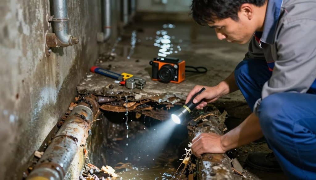 A detailed view of an underground sewer line bursting with stagnant water and debris, highlighting the broken pipes and signs of corrosion. In the foreground, a professional plumber in a clean work uniform kneels beside the sewer line, examining the damaged area with a flashlight, showcasing their expertise. In the middle ground, tools like a pipe wrench and camera equipment for inspection are visibly placed, indicating an active repair situation. The background shows the dimly lit sewer tunnel with moisture and the reflective surface of water, enhancing a sense of urgency and seriousness. Soft, focused lighting captures the plumber's concentrated expression, creating a professional yet slightly tense atmosphere, emphasizing the critical nature of plumbing diagnosis and repair.