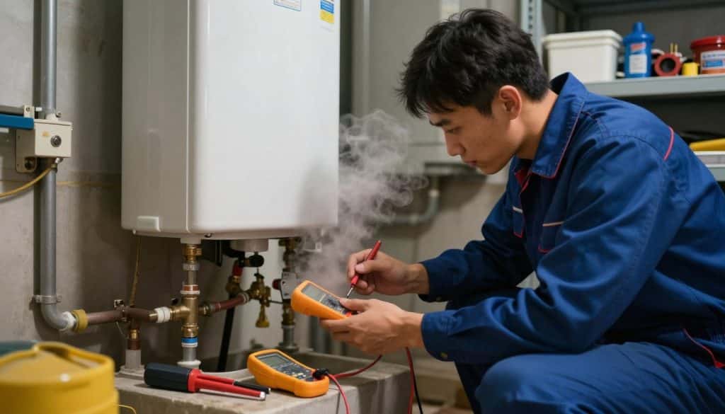 A detailed, visually engaging scene depicting a professional technician troubleshooting a water heater in a basement setting. In the foreground, the technician, wearing a neat uniform, kneels beside an open water heater, examining its components with a multimeter and tools laid out nearby. The middle layer features the water heater itself, showcasing labels on its parts, and steam gently rising from a pipe, hinting at an issue. The background consists of utility shelves filled with plumbing supplies and tools, dimly lit to create a focused atmosphere. Soft, warm lighting illuminates the scene, highlighting the technician's concentrated expression and creating a professional, problem-solving mood. The angle captures both the technician and the water heater well, ensuring clear visibility of the troubleshooting process.