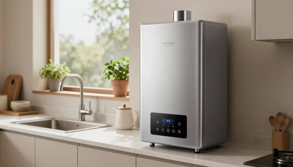 A modern, sleek tankless water heater prominently displayed in a well-lit, contemporary kitchen setting. In the foreground, the unit showcases its compact design with digital controls and a stainless-steel finish, emphasizing modern efficiency. The middle ground features a stylish countertop with a traditional faucet and kitchenware arranged neatly, indicating a functional living space. In the background, soft natural light filters through a large window adorned with potted herbs, creating a warm and inviting atmosphere. The image is shot from a slightly elevated angle, focusing on the water heater while capturing the kitchen's overall aesthetic. The scene conveys a sense of innovation and practicality, perfect for homeowners considering upgrades to their water heating solutions.