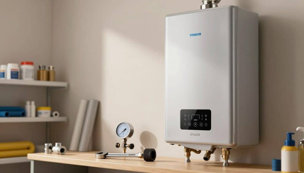 A modern water heater in a well-lit, clean basement setting. In the foreground, focus on a sleek, stainless-steel water heater with digital temperature controls and piping, showing intricate details of its design. In the middle, include tools like a wrench and pressure gauge laid out on a workbench, emphasizing the repair aspect. The background features neatly organized plumbing supplies, such as pipes and fittings against a lightly colored wall, hinting at a professional plumbing workspace. The scene is illuminated with warm, natural lighting, creating a welcoming yet professional atmosphere. Capture the image from a slightly low angle to give the water heater a prominent presence, conveying reliability and importance in plumbing services.