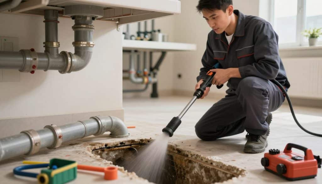 A professional drain cleaning technician in a clean, well-lit basement, equipped with a high-pressure water jetting tool, is shown working on a large, open drain. The foreground features pipes and tools organized neatly, while the middle ground includes the technician—dressed in business attire—focused on the task at hand, demonstrating expertise and diligence. The background displays a glimpse of the clean, modern plumbing features in the basement, with soft, diffused lighting creating a warm atmosphere. The angle captures both the technician's concentration and the intricate details of the pipe cleaning process, emphasizing the importance of thorough pipeline cleaning over quick fix methods.