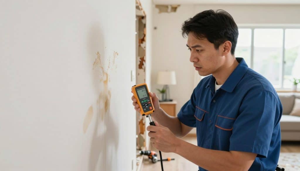 A professional home inspector in business attire investigates a wall with visible water stains, using a moisture meter. In the foreground, the inspector examines the area intently, showcasing concern and professionalism. The middle ground features a partially exposed wall with tools like a drill and flashlight scattered nearby, illustrating the process of locating hidden leaks. In the background, a cozy yet slightly damaged room with furniture and water damage emphasizes the impact of undetected leaks. The scene is well-lit with natural light streaming in through a window, creating a clear focus on the inspector's actions. The atmosphere conveys diligence and the importance of thorough leak detection, highlighting the concept of “trace and access” insurance coverage.