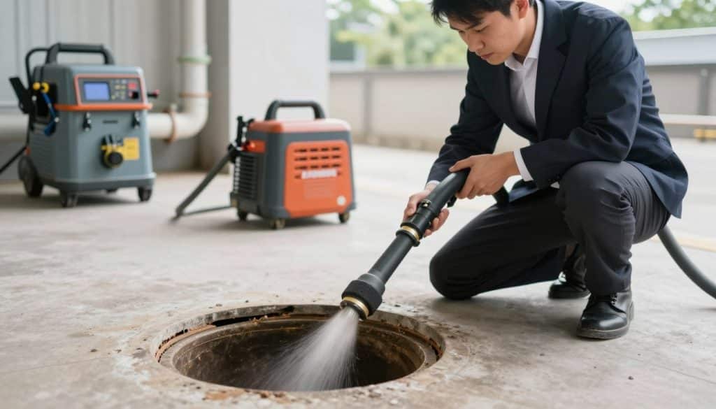 A professional in business attire is inspecting a sewer line with a hydro jetting machine, kneeling beside an open sewer access point. The foreground features the detailed machinery of the hydro jetter, showcasing the high-pressure hose and nozzle. In the middle ground, the inspector is attentively checking the equipment's connection to the sewer line, highlighting a focus on safety and precision. The background shows a commercial setting, with clean surroundings and plumbing tools neatly organized. Soft daylight filters through, casting natural light that emphasizes the professionalism of the scene. The atmosphere is one of meticulous care and expertise, with a clear focus on effective drain cleaning solutions.