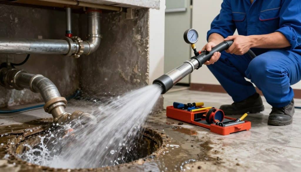 A professional plumber in a clean uniform is operating a hydro jetting machine in a residential basement. In the foreground, focus on the high-pressure hose emerging from the nozzle, spraying a powerful jet of water into a visibly clogged sewer pipe, creating a dynamic splash effect. The middle ground shows the plumber intently monitoring the equipment, using a digital pressure gauge, with tools and safety gear neatly organized nearby. In the background, dimly lit pipes and drainage systems can be seen, illustrating the complexity of plumbing systems. The lighting is bright, highlighting the water spray and reflecting off metallic surfaces, creating a clean and efficient atmosphere. The overall mood conveys professionalism and the effectiveness of hydro jetting as a drain cleaning solution.