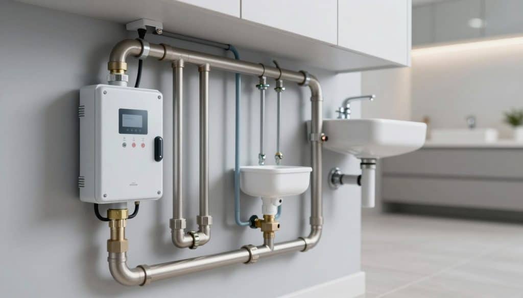 A well-designed point-of-entry installation system protecting various fixtures and appliances downstream, showcasing pipes, valves, and a water leak detection device. In the foreground, highlight the installation setup with polished metallic pipes and a compact control panel with indicators. The middle ground features an array of connected fixtures like sinks and appliances, all neatly organized to show effective water management. In the background, a clean, modern utility room is filled with soft, ambient lighting to create a professional atmosphere. The image is taken from a slight angle to provide depth, emphasizing the complexity and smart design of the system. The overall mood conveys reliability and innovation, embodying the essence of effective water leak detection technology.