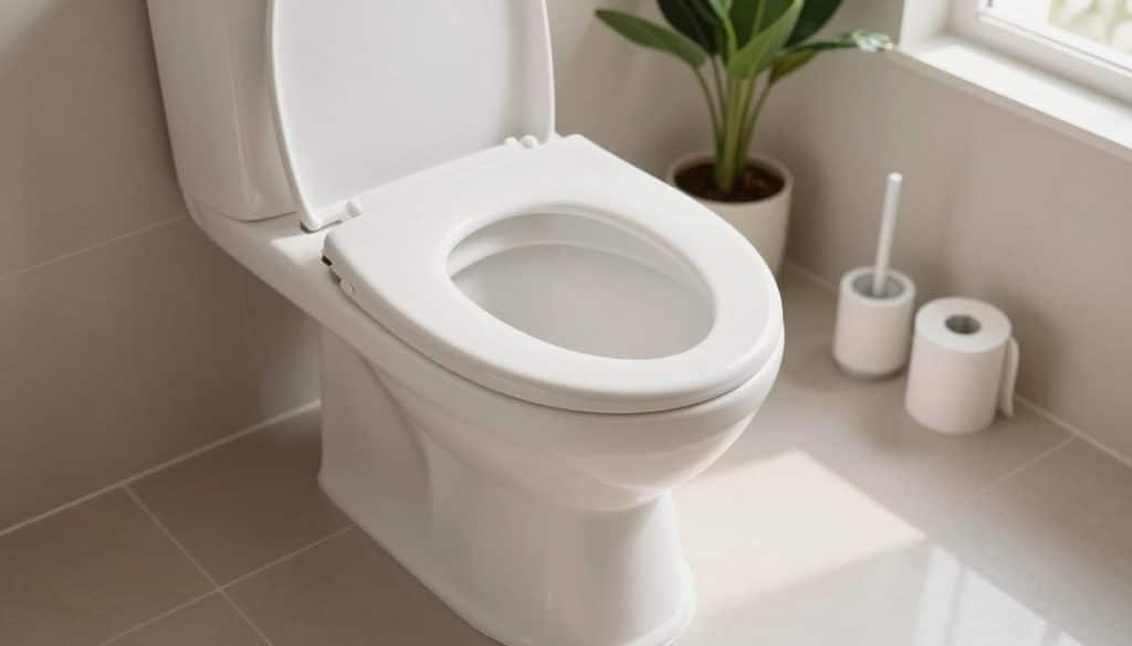 A clean, white porcelain toilet bowl centered in a well-lit bathroom, viewed from a slightly elevated angle. The toilet is surrounded by a tiled floor reflecting soft, natural light coming from a nearby window, creating a warm and inviting atmosphere. The background features neutral-colored walls and a decorative potted plant for a touch of greenery. The focus should be on the toilet, emphasizing its pristine design while showcasing small essential items like a toilet brush and a roll of toilet paper nearby, suggesting maintenance and care. The overall mood is calm and orderly, conveying a sense of preparedness while addressing potential plumbing issues. A clean, white porcelain toilet bowl centered in a well-lit bathroom, viewed from a slightly elevated angle. The toilet is surrounded by a tiled floor reflecting soft, natural light coming from a nearby window, creating a warm and inviting atmosphere. The background features neutral-colored walls and a decorative potted plant for a touch of greenery. The focus should be on the toilet, emphasizing its pristine design while showcasing small essential items like a toilet brush and a roll of toilet paper nearby, suggesting maintenance and care. The overall mood is calm and orderly, conveying a sense of preparedness while addressing potential plumbing issues.