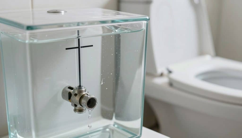 A close-up view of a toilet tank, focusing on the water level indicator inside. The tank is transparent, allowing a clear look at the water level, which is slightly below the optimal line. The flush valve is prominent, with droplets of water glistening under soft, natural lighting, creating a serene atmosphere. In the background, a correctly functioning toilet is visible, contrasted with the tank's issue, suggesting a need for maintenance. The composition is shot at a slight angle, enhancing depth, while the overall color palette maintains a clean, fresh look, emphasizing the importance of proper water levels in plumbing. No text or watermarks are present. A close-up view of a toilet tank, focusing on the water level indicator inside. The tank is transparent, allowing a clear look at the water level, which is slightly below the optimal line. The flush valve is prominent, with droplets of water glistening under soft, natural lighting, creating a serene atmosphere. In the background, a correctly functioning toilet is visible, contrasted with the tank's issue, suggesting a need for maintenance. The composition is shot at a slight angle, enhancing depth, while the overall color palette maintains a clean, fresh look, emphasizing the importance of proper water levels in plumbing. No text or watermarks are present.