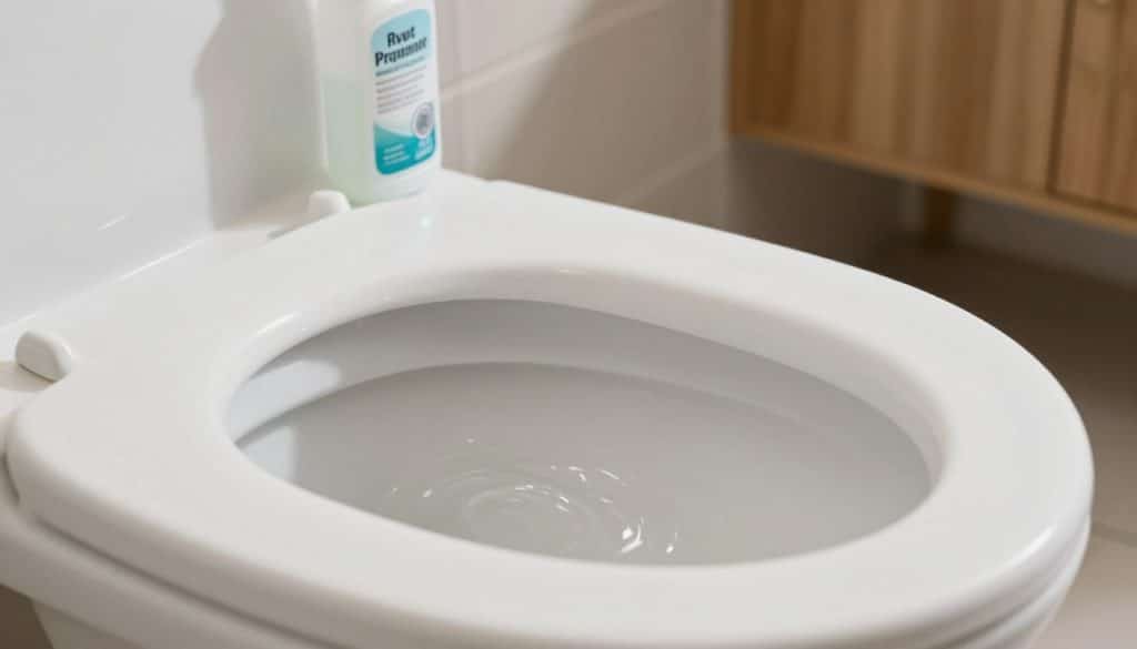 A close-up view of a toilet with water slowly draining, highlighting the swirling motion in the bowl. The foreground features a clear depiction of the toilet's ceramic surface, showing details like subtle textures and a faint sheen from water. In the middle layer, a partially visible plunger and a bottle of drain cleaner sit beside the toilet, emphasizing the context of addressing slow drains. The background features a well-lit bathroom environment with neutral-colored tiles and a wooden cabinet, creating a clean, fresh atmosphere. Soft natural lighting filters in from a nearby window, casting gentle shadows that enhance the realistic feel of the scene. The overall mood is informative and reflective, illustrating the issue of slow draining while maintaining a professional, tidy presentation. A close-up view of a toilet with water slowly draining, highlighting the swirling motion in the bowl. The foreground features a clear depiction of the toilet's ceramic surface, showing details like subtle textures and a faint sheen from water. In the middle layer, a partially visible plunger and a bottle of drain cleaner sit beside the toilet, emphasizing the context of addressing slow drains. The background features a well-lit bathroom environment with neutral-colored tiles and a wooden cabinet, creating a clean, fresh atmosphere. Soft natural lighting filters in from a nearby window, casting gentle shadows that enhance the realistic feel of the scene. The overall mood is informative and reflective, illustrating the issue of slow draining while maintaining a professional, tidy presentation.