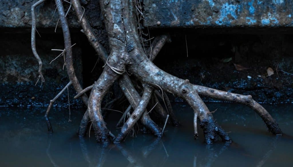 A close-up view of tree roots invading a dark, damp sewer line. In the foreground, gnarled and twisting tree roots are prominently displayed, protruding through cracks in the pipeline. The roots should look healthy and vibrant, contrasting with the gritty, aged metal of the sewer pipe. In the middle ground, a murky water flow can be seen, with subtle reflections of the roots above. In the background, the vague outline of underground soil and debris hints at the natural environment from which the roots have come. The lighting is dim, with a bluish hue suggesting moisture and depth, enhancing the atmosphere of decay and intrusion. Capture the complexity of the roots in high detail, focusing on their texture and the entwined nature against the industrial backdrop. A close-up view of tree roots invading a dark, damp sewer line. In the foreground, gnarled and twisting tree roots are prominently displayed, protruding through cracks in the pipeline. The roots should look healthy and vibrant, contrasting with the gritty, aged metal of the sewer pipe. In the middle ground, a murky water flow can be seen, with subtle reflections of the roots above. In the background, the vague outline of underground soil and debris hints at the natural environment from which the roots have come. The lighting is dim, with a bluish hue suggesting moisture and depth, enhancing the atmosphere of decay and intrusion. Capture the complexity of the roots in high detail, focusing on their texture and the entwined nature against the industrial backdrop.