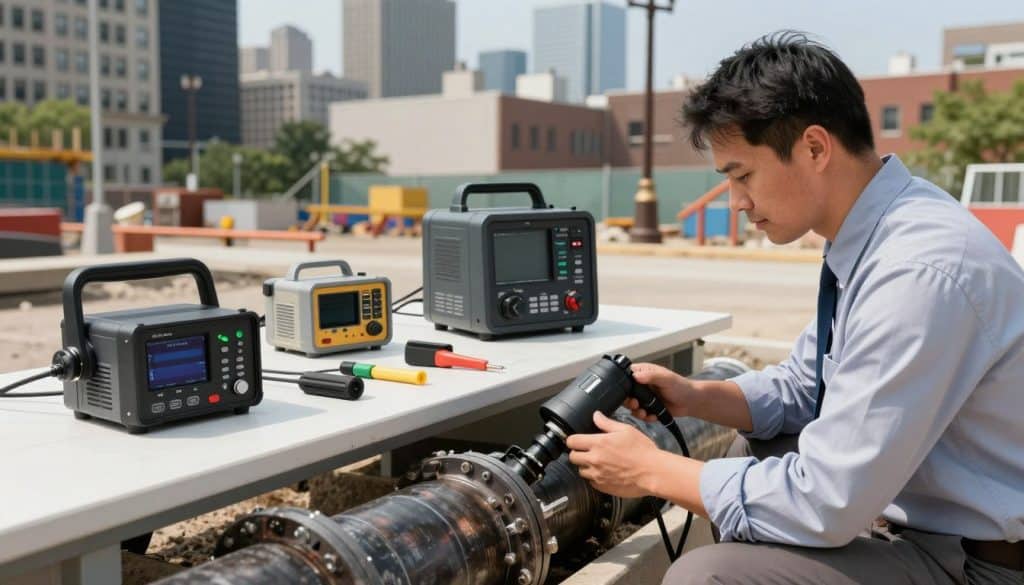 A detailed illustration capturing the various inspection factors affecting sewer line repair costs. In the foreground, a professional technician in business attire examines a city sewer line using advanced camera equipment and tools, ensuring accurate diagnostics. The middle ground features high-tech equipment like sewer cameras and diagnostic tools arranged carefully on a work table. In the background, a semi-urban Chicago setting with iconic buildings, construction sites, and a clear sky to emphasize the location. The scene is illuminated with natural daylight, creating a bright yet focused atmosphere that conveys professionalism and expertise. The image should evoke a sense of meticulous analysis and attention to detail, highlighting the various elements influencing sewer line repair estimates. A detailed illustration capturing the various inspection factors affecting sewer line repair costs. In the foreground, a professional technician in business attire examines a city sewer line using advanced camera equipment and tools, ensuring accurate diagnostics. The middle ground features high-tech equipment like sewer cameras and diagnostic tools arranged carefully on a work table. In the background, a semi-urban Chicago setting with iconic buildings, construction sites, and a clear sky to emphasize the location. The scene is illuminated with natural daylight, creating a bright yet focused atmosphere that conveys professionalism and expertise. The image should evoke a sense of meticulous analysis and attention to detail, highlighting the various elements influencing sewer line repair estimates.