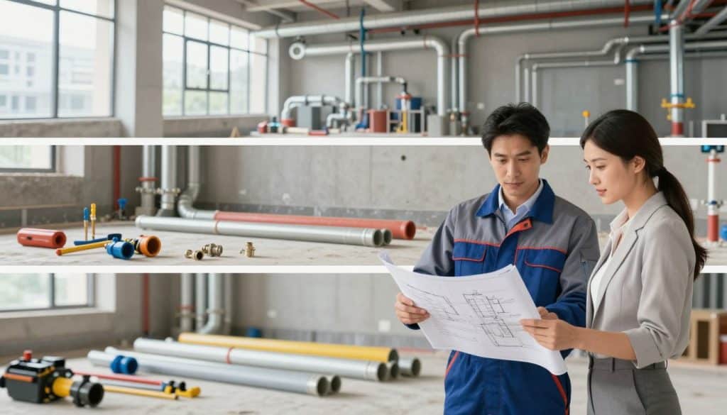 A detailed illustration of a commercial plumbing process, divided into three layers. In the foreground, a professional plumber in business attire is examining blueprints and discussing plans with a client, a businessperson dressed appropriately. The middle ground shows a construction site with various plumbing tools and materials neatly organized. Multiple plumbing pipes and fittings are visible, emphasizing the complexity of the project. In the background, a modern commercial building highlights intricate plumbing systems through large windows, ensuring clarity in the design. The lighting is bright and focused, creating a clean, professional atmosphere. The lens should capture the depth of the scene from a slight angle, conveying a sense of collaboration and expertise in the plumbing process. A detailed illustration of a commercial plumbing process, divided into three layers. In the foreground, a professional plumber in business attire is examining blueprints and discussing plans with a client, a businessperson dressed appropriately. The middle ground shows a construction site with various plumbing tools and materials neatly organized. Multiple plumbing pipes and fittings are visible, emphasizing the complexity of the project. In the background, a modern commercial building highlights intricate plumbing systems through large windows, ensuring clarity in the design. The lighting is bright and focused, creating a clean, professional atmosphere. The lens should capture the depth of the scene from a slight angle, conveying a sense of collaboration and expertise in the plumbing process.