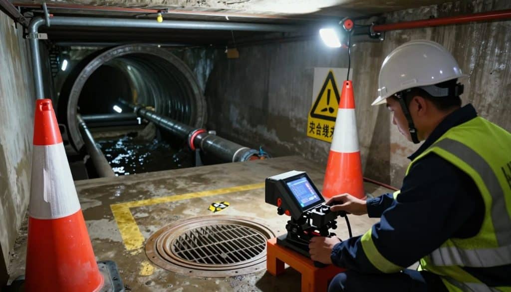A detailed illustration of a sewer camera inspection site, focusing on safety conditions. In the foreground, a plumber in a hard hat and professional attire inspects a sewer camera setup, ensuring correct placement. The middle ground shows safety cones, warning signs, and an accessible drainage cover, highlighting safety protocols. In the background, an underground sewer system is visible, showcasing the dark pipe structure, with lights illuminating the scene, creating a contrast between the tech equipment and the sewage environment. The atmosphere is serious but focused, underscoring the importance of safety precautions before the plumbing team arrives. The lighting should be bright, highlighting key safety elements while maintaining a realistic underground ambiance. A detailed illustration of a sewer camera inspection site, focusing on safety conditions. In the foreground, a plumber in a hard hat and professional attire inspects a sewer camera setup, ensuring correct placement. The middle ground shows safety cones, warning signs, and an accessible drainage cover, highlighting safety protocols. In the background, an underground sewer system is visible, showcasing the dark pipe structure, with lights illuminating the scene, creating a contrast between the tech equipment and the sewage environment. The atmosphere is serious but focused, underscoring the importance of safety precautions before the plumbing team arrives. The lighting should be bright, highlighting key safety elements while maintaining a realistic underground ambiance.