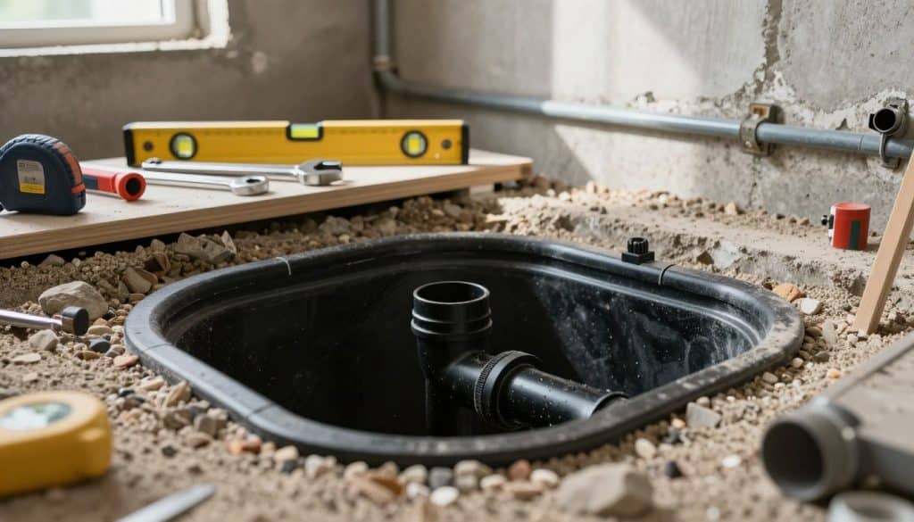 A detailed sump basin installation scene in a well-lit basement. In the foreground, a sump basin with black PVC piping, surrounded by gravel and sand, showcasing the drainage system. In the middle ground, an array of professional plumbing tools—like a wrench, a level, and measuring tape—carefully arranged on a sturdy workbench. The background reveals a partially exposed concrete wall with a water drainage line. Soft, natural lighting filters in from a small window, casting gentle shadows that create an inviting atmosphere. The focus should be sharp, featuring a close-up angle to highlight the intricate details of the sump setup, emphasizing preparation and professionalism. The mood is practical and informative, geared towards a skilled plumbing environment while remaining clutter-free and organized.