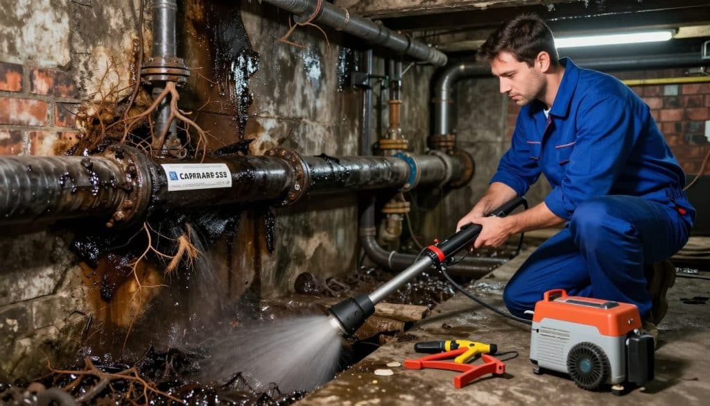 A detailed underground sewer line scene showcasing key factors affecting hydro jetting costs. In the foreground, a professional plumber dressed in a clean uniform examines a high-tech hydro jetting machine connected to a sewer line, with tools neatly arranged beside him. The middle ground features a partially exposed sewer line with signs of grease buildup and tree root intrusions, illustrating the challenges of blockages. In the background, dimly lit brick walls and moisture on the surfaces create a gritty texture, with soft, cool lighting illuminating the plumber's focused expression. The overall atmosphere conveys a sense of professionalism and urgency in addressing plumbing issues, emphasizing the complexity and variability of hydro jetting services.