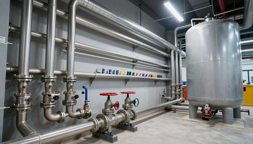 A detailed view of a commercial plumbing system in a modern building environment. In the foreground, showcase intricate pipes with polished metal finishes, connecting large water tanks and valves, expertly arranged along a wall. The middle section features diagonal pipe layouts with labels for different sections—industrial waste, hot and cold water supply—alongside neatly organized plumbing tools. In the background, depict a large industrial space with exposed ductwork and bright LED overhead lighting, casting clear shadows to highlight the complexity of the plumbing infrastructure. Use a wide-angle lens effect to emphasize depth, creating a professional and technical atmosphere that conveys reliability and efficiency, suitable for a construction or commercial setting. A detailed view of a commercial plumbing system in a modern building environment. In the foreground, showcase intricate pipes with polished metal finishes, connecting large water tanks and valves, expertly arranged along a wall. The middle section features diagonal pipe layouts with labels for different sections—industrial waste, hot and cold water supply—alongside neatly organized plumbing tools. In the background, depict a large industrial space with exposed ductwork and bright LED overhead lighting, casting clear shadows to highlight the complexity of the plumbing infrastructure. Use a wide-angle lens effect to emphasize depth, creating a professional and technical atmosphere that conveys reliability and efficiency, suitable for a construction or commercial setting.