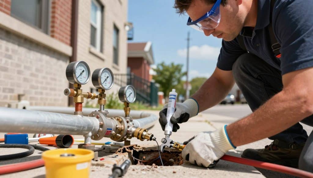 A detailed view of a gas line repair scene in an urban setting, emphasizing the importance of safety and professionalism. In the foreground, a skilled plumber, dressed in professional attire, focuses intently on a small gas line leak. He is using appropriate tools, such as a wrench and pipe sealant, while wearing safety gloves and goggles. The middle ground features a partially exposed gas pipe, with visible pressure gauges and repair equipment scattered around. The background shows a residential building in Chicago, with a clear blue sky above, providing ample natural light that highlights the technical details of the repair. The atmosphere is one of diligence and safety, conveying the seriousness of handling gas pipe repairs effectively and responsibly.