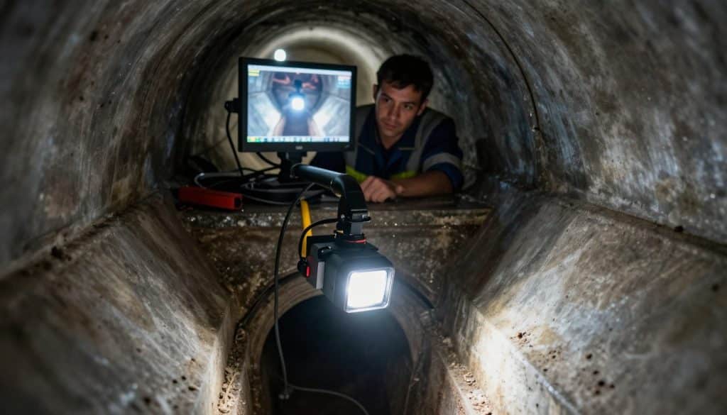 A detailed view of a sewer line camera inspection process, featuring a high-tech camera on a flexible cable being inserted into a dark sewer pipe. In the foreground, highlight the camera with bright LED lights illuminating the pipe's inner walls, revealing various textures and debris. The middle layer includes a technician in professional work attire peering intently at a monitor, displaying live footage from the camera. The background shows the dimly lit tunnel, highlighting the depth and dimension of the sewer environment, with subtle shadows enhancing the scene. The atmosphere is serious and technical, emphasizing precision and care in the inspection process, with a focused, professional mood. Use soft, even lighting to create a clear and informative visualization.